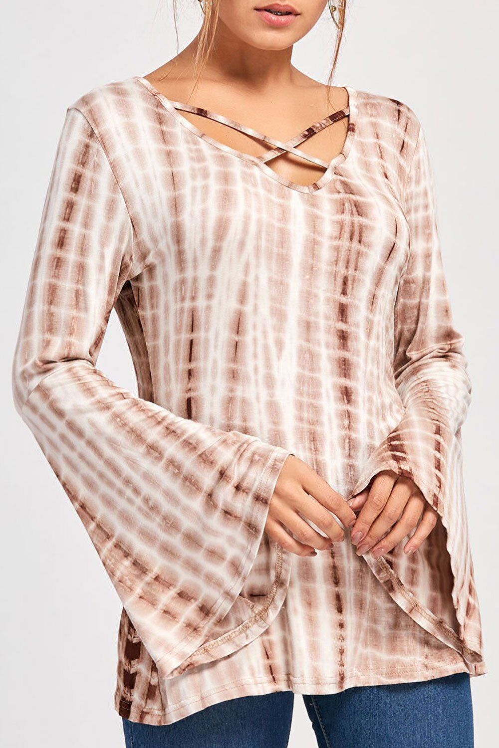 Women Cross Straps Long Bell Sleeve Casual Top