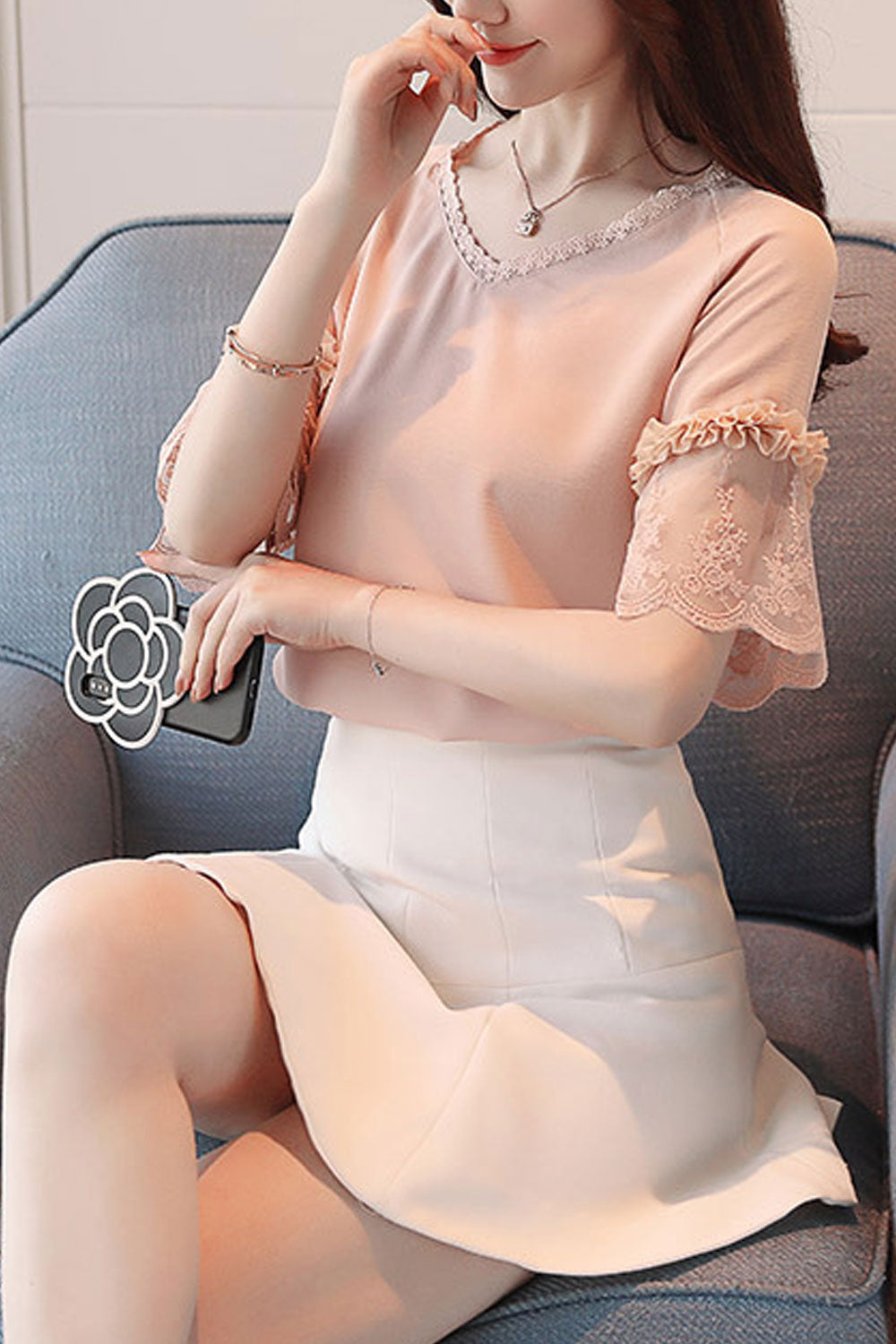 Women Stylish V-Neck Short Sleeve Solid Color Top