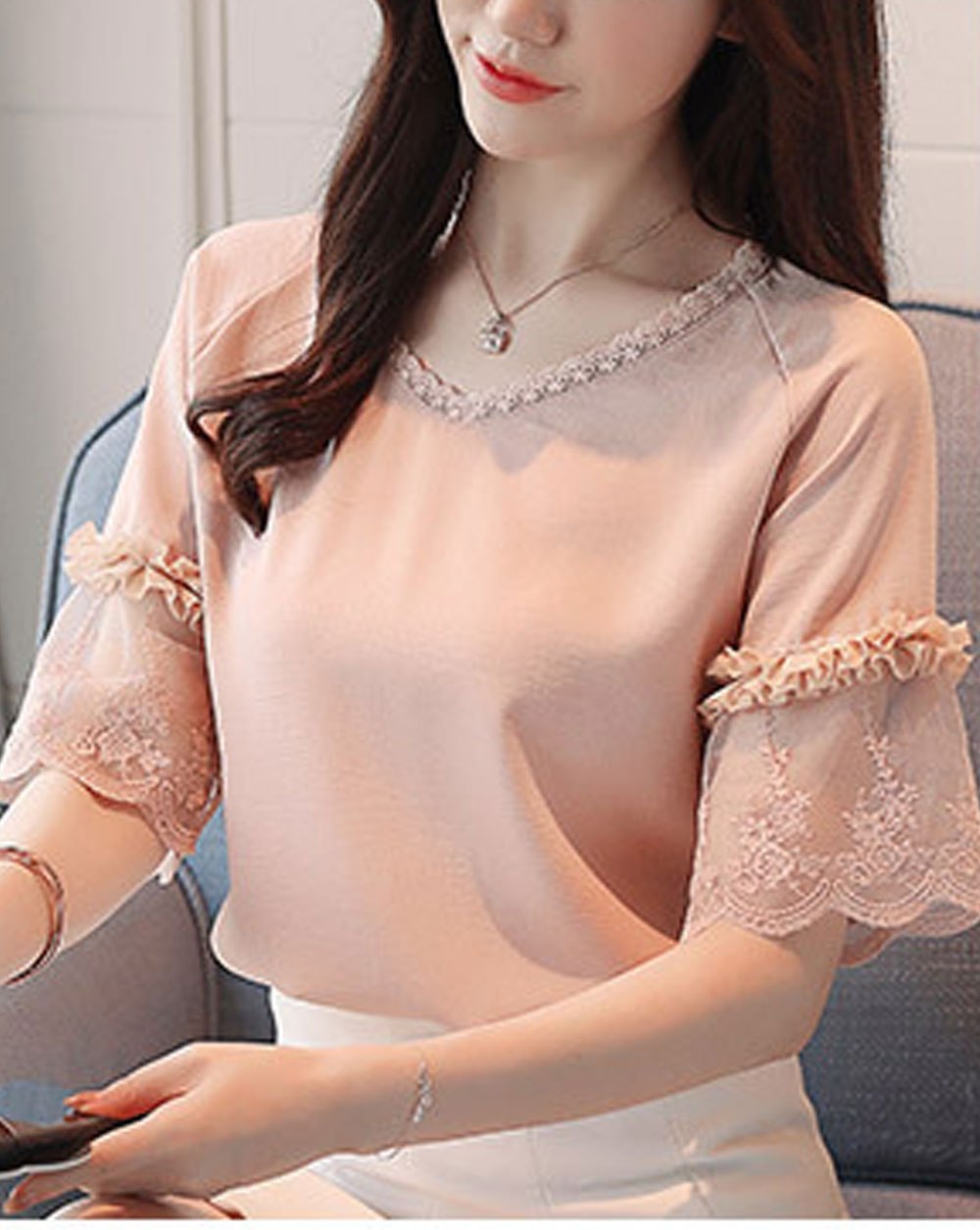 Women Stylish V-Neck Short Sleeve Solid Color Top