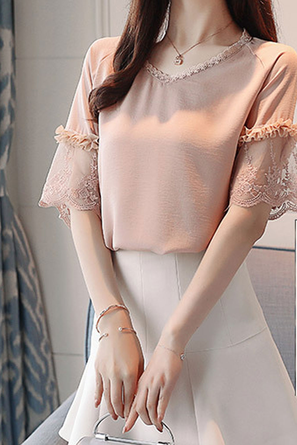 Women Stylish V-Neck Short Sleeve Solid Color Top