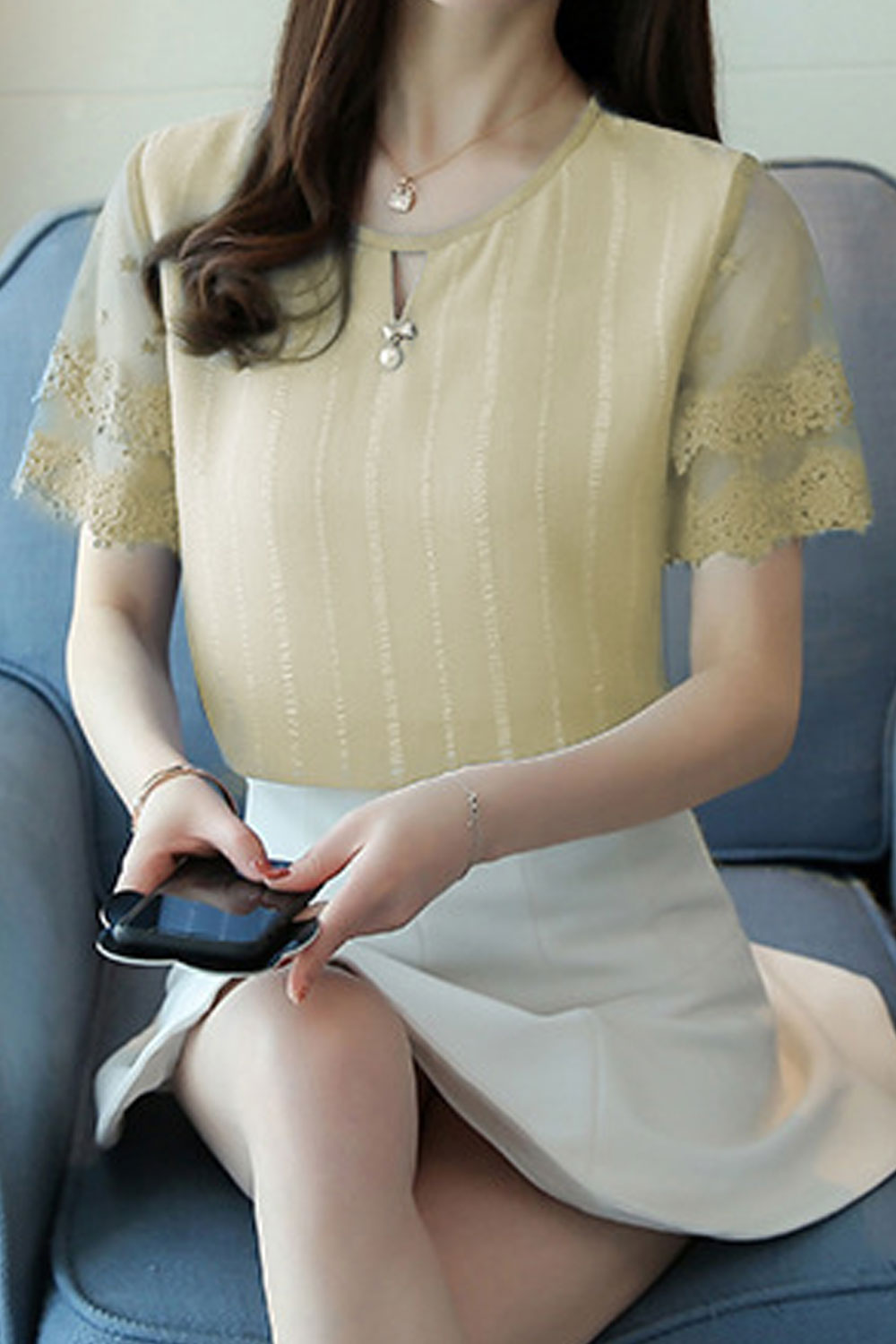 Women Lace Sleeve Round Neck Top With Front Keyhole