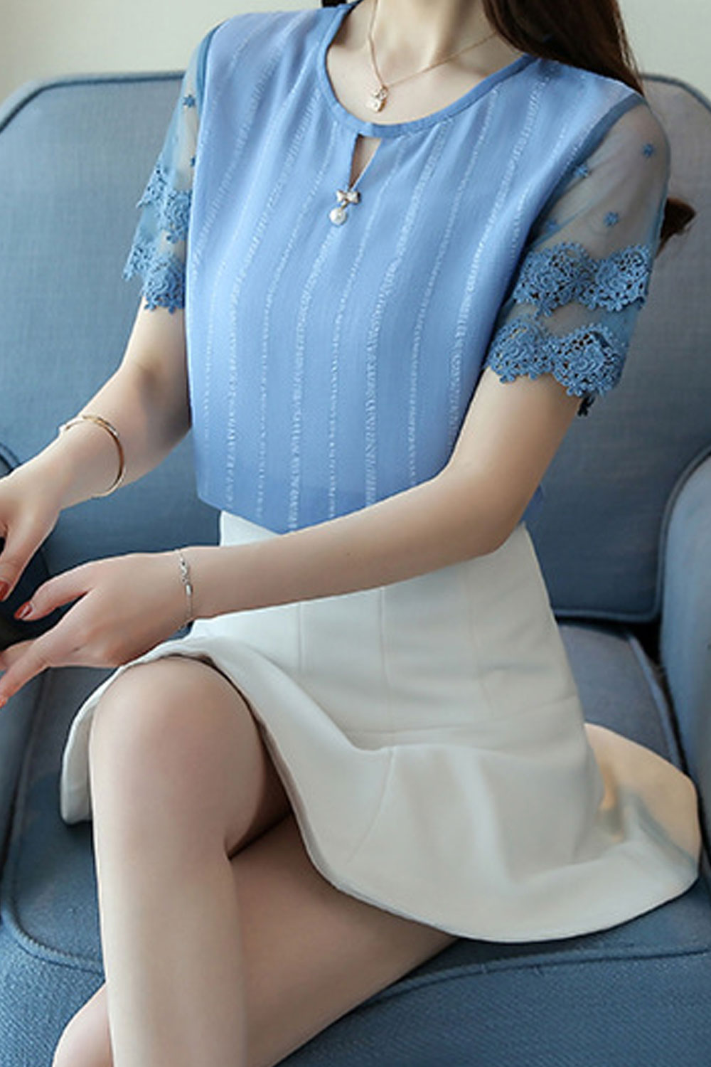 Women Lace Sleeve Round Neck Top With Front Keyhole