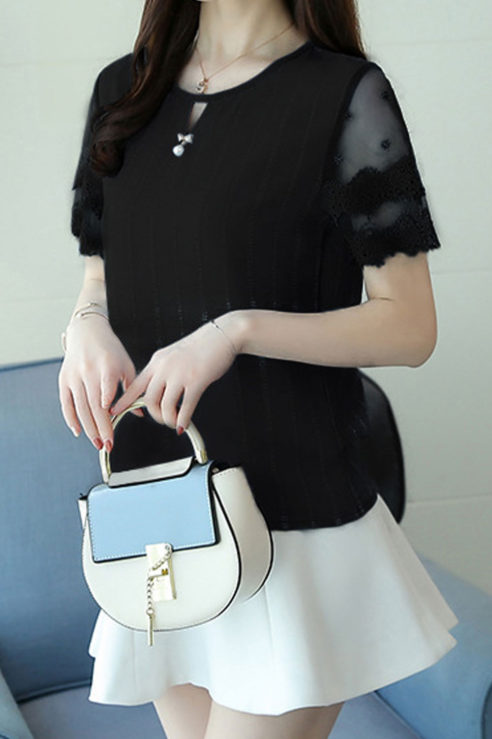 Women Lace Sleeve Round Neck Top With Front Keyhole