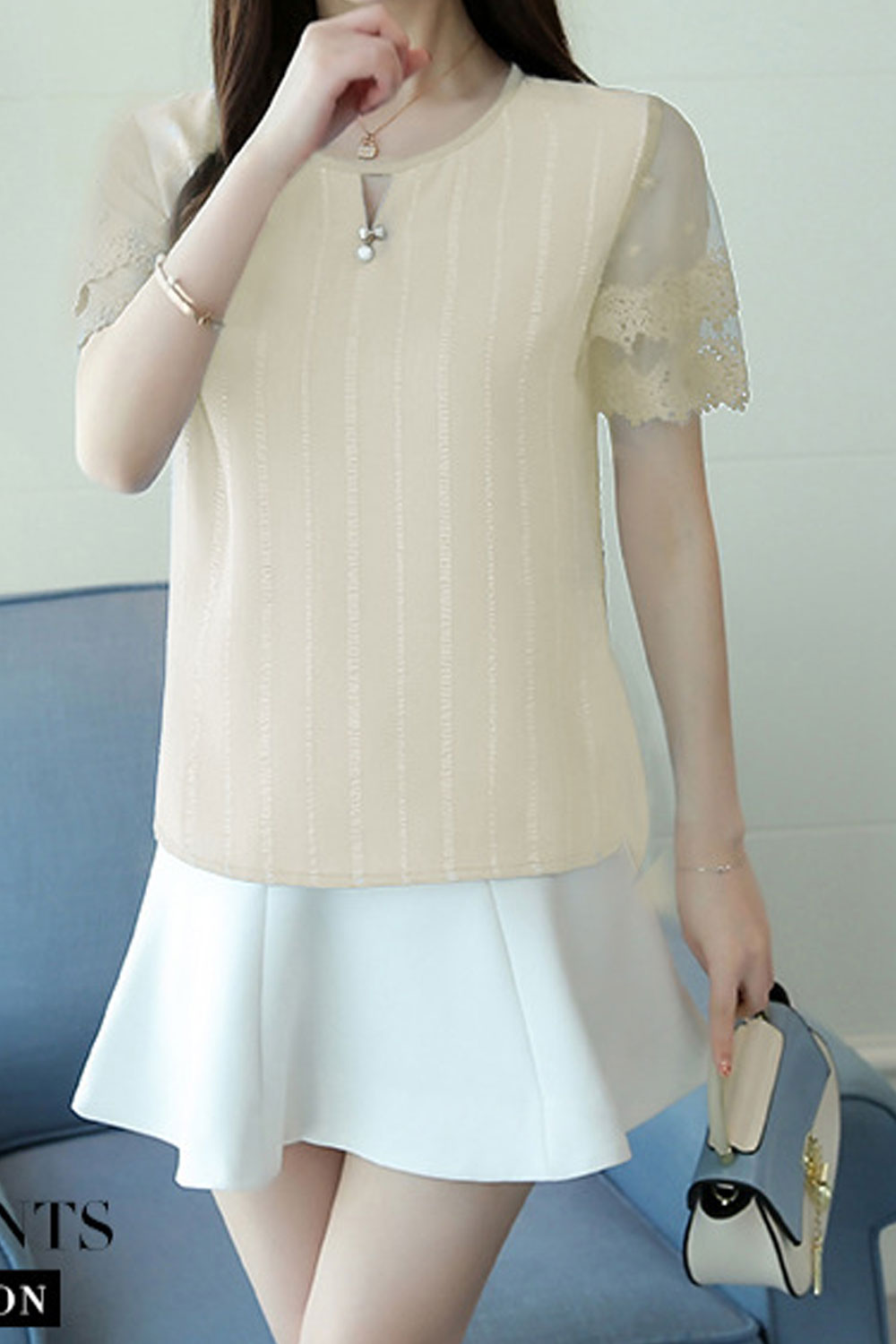 Women Lace Sleeve Round Neck Top With Front Keyhole