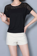 Women Lace Sheered Neck Solid Color Short Sleeve Top
