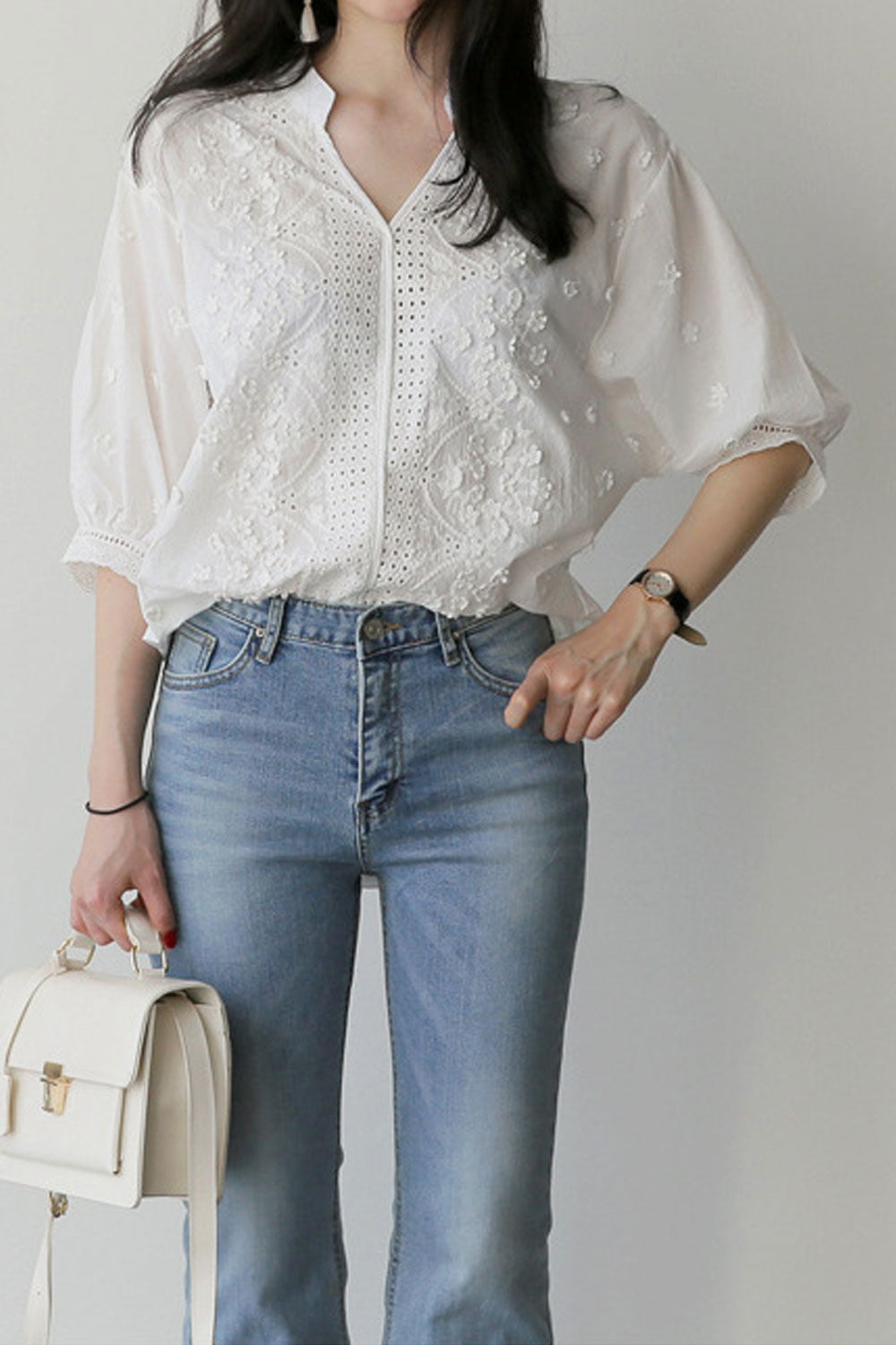 Women Solid Color Collar Neck Casual Lace Top