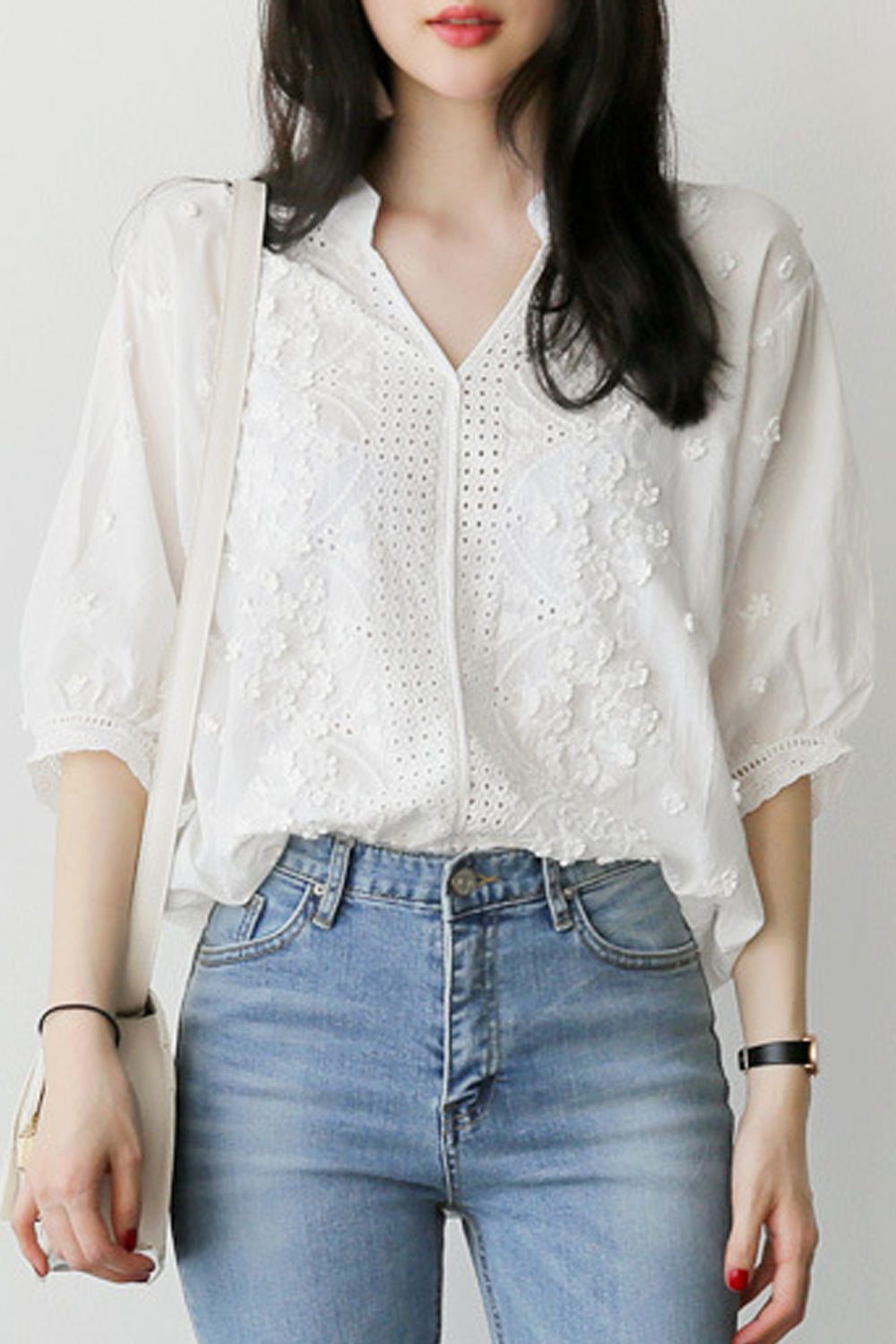 Women Solid Color Collar Neck Casual Lace Top
