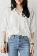 Women Solid Color Collar Neck Casual Lace Top