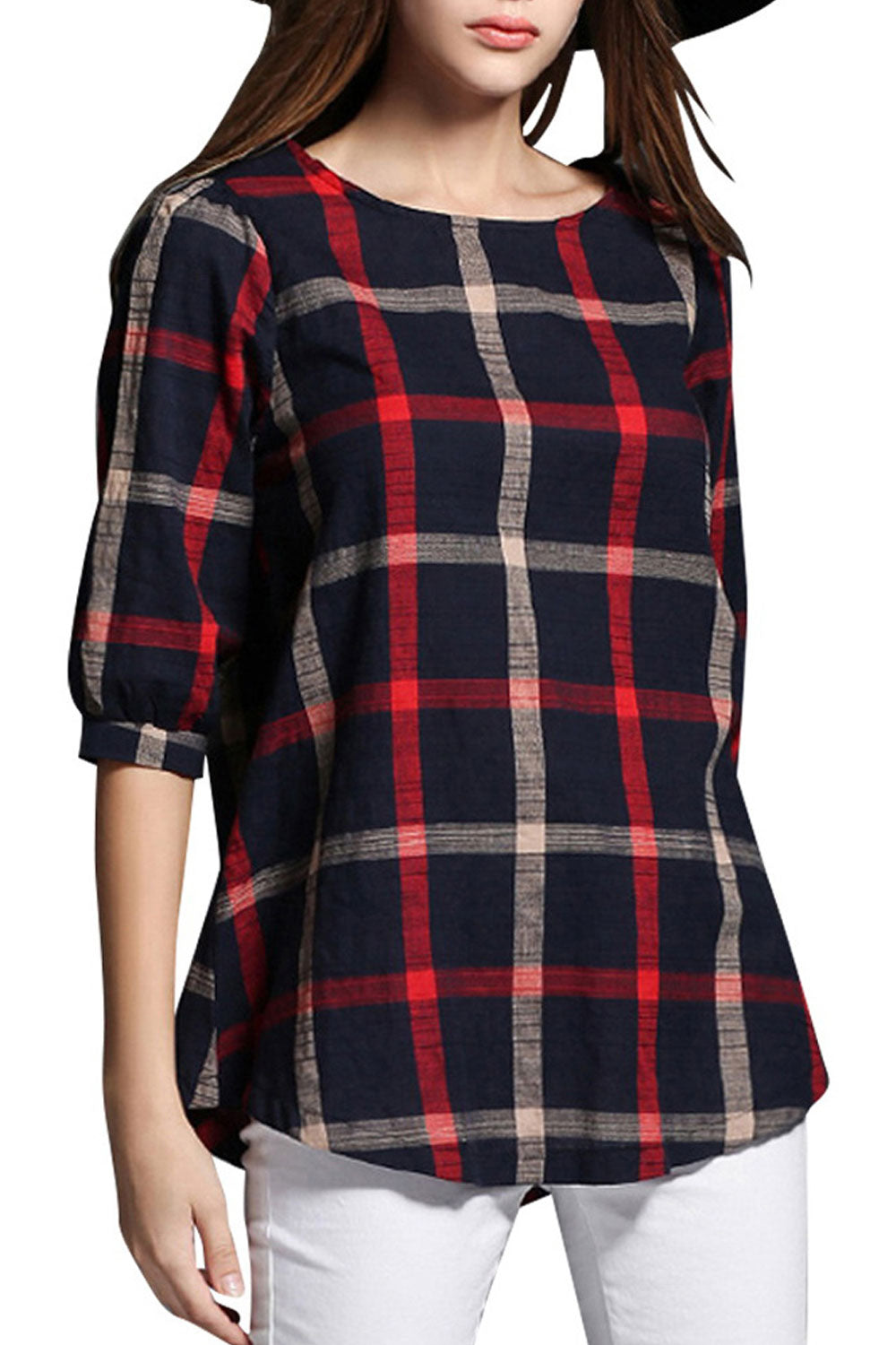 Women Round Neck Plaid Casual Top
