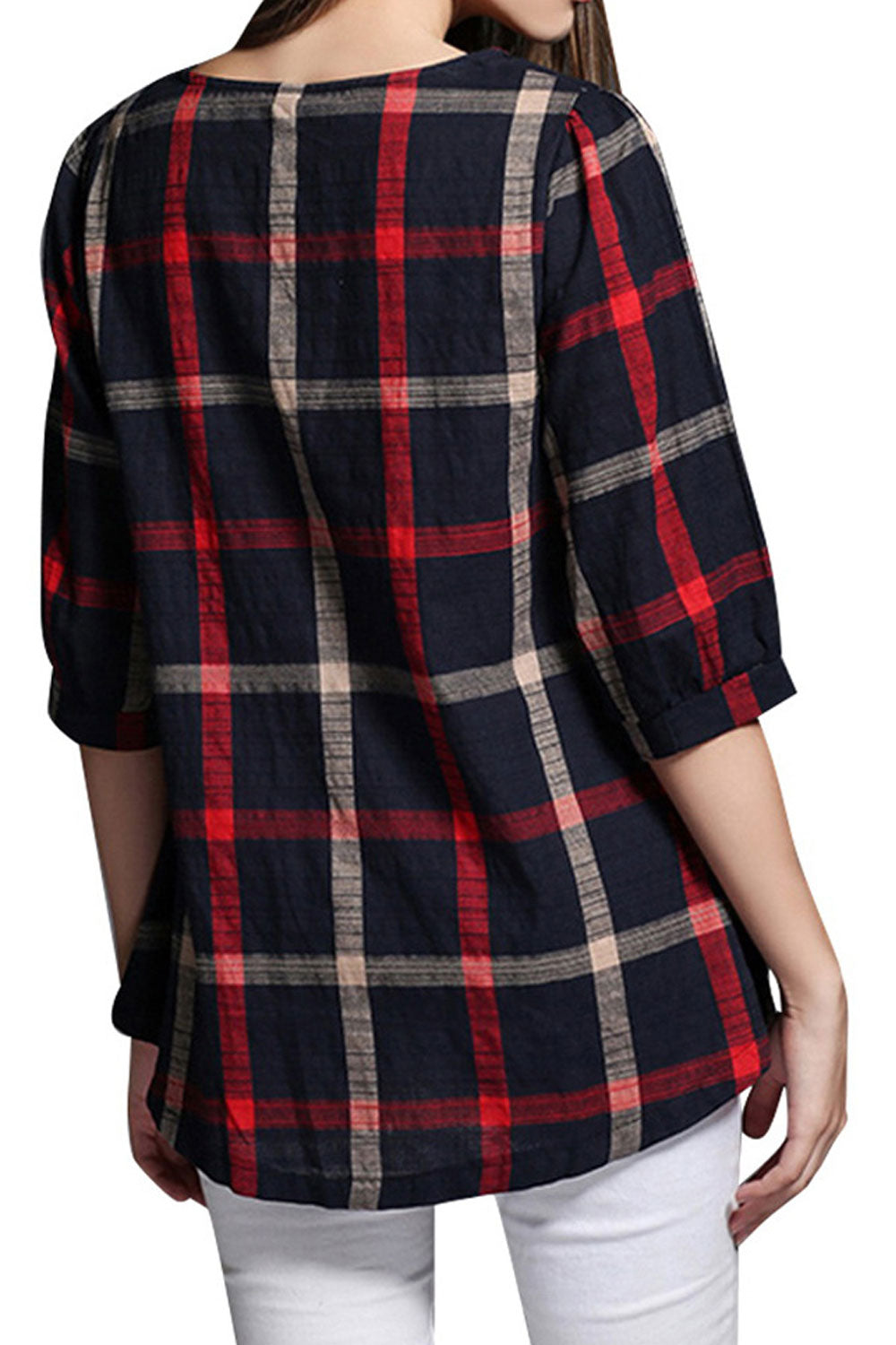 Women Round Neck Plaid Casual Top