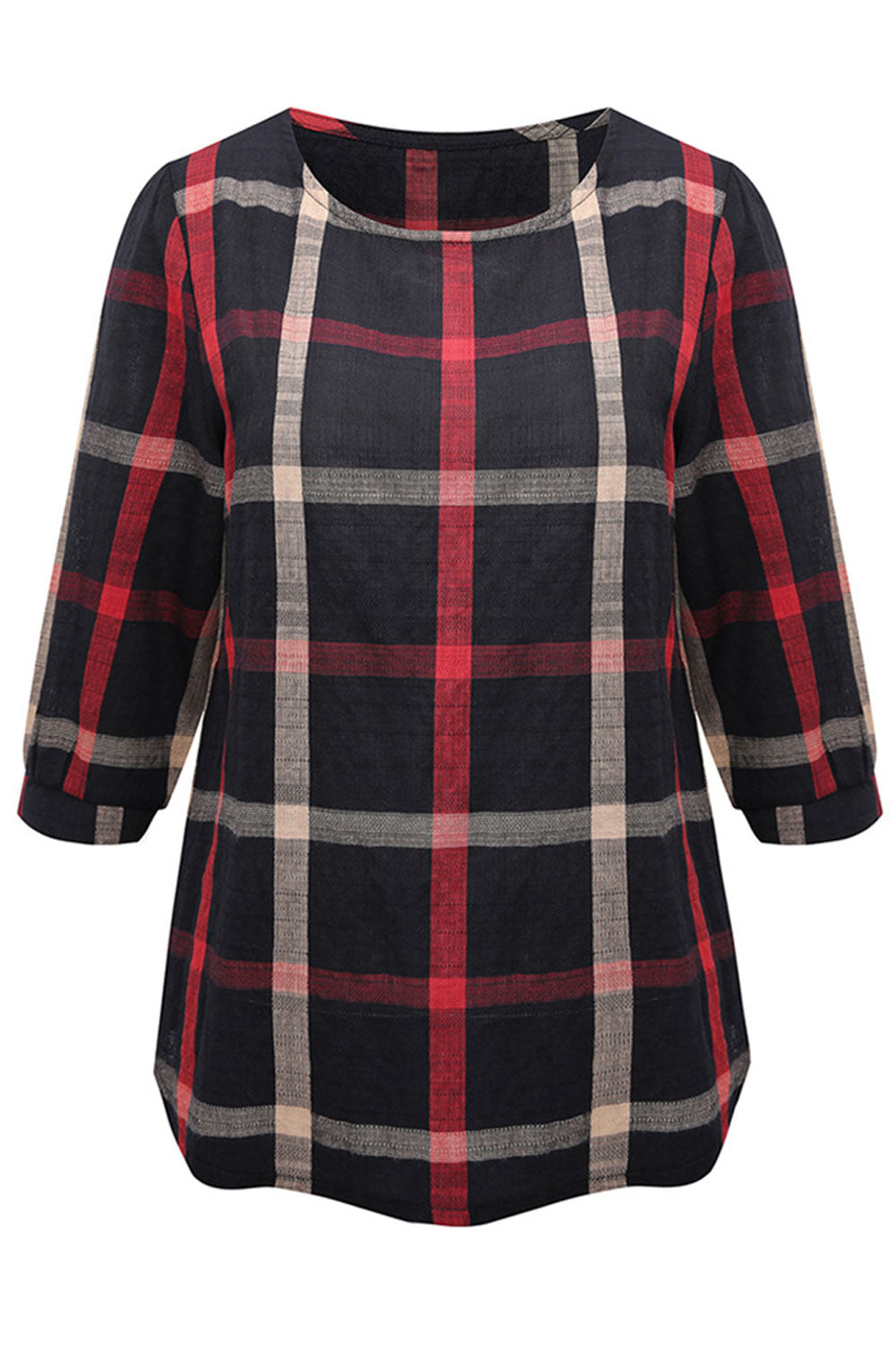 Women Round Neck Plaid Casual Top