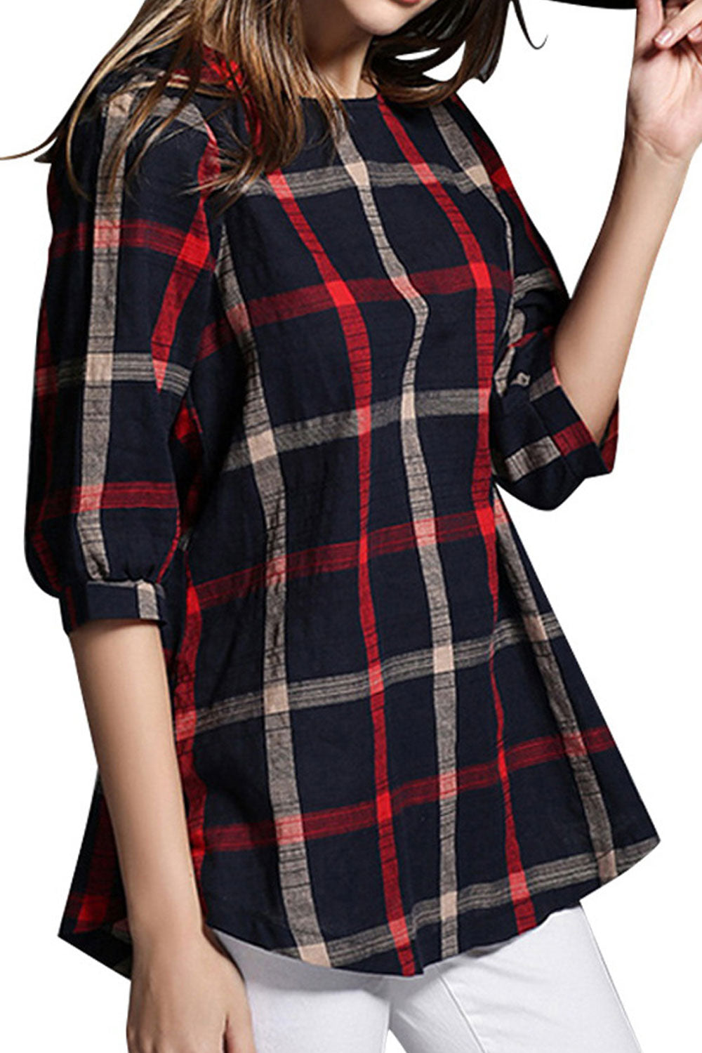 Women Round Neck Plaid Casual Top