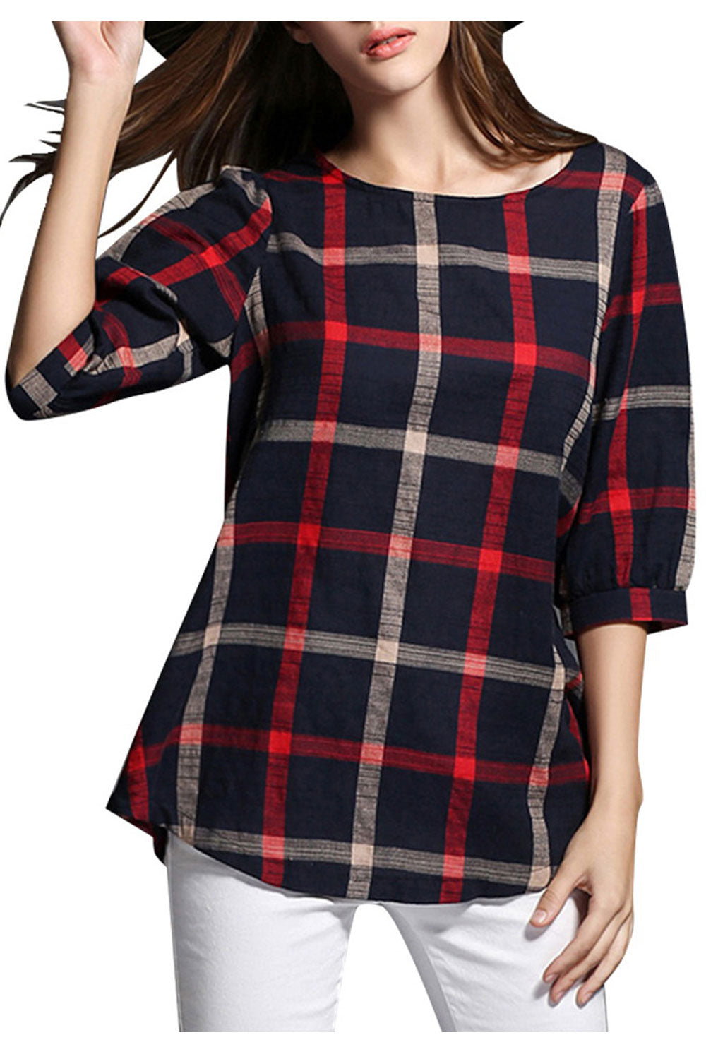 Women Round Neck Plaid Casual Top