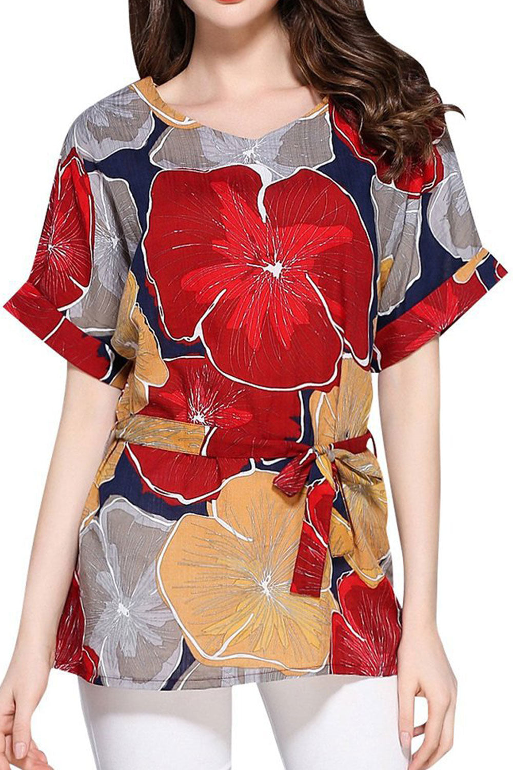 Women Flower Printed Tie Waist Top