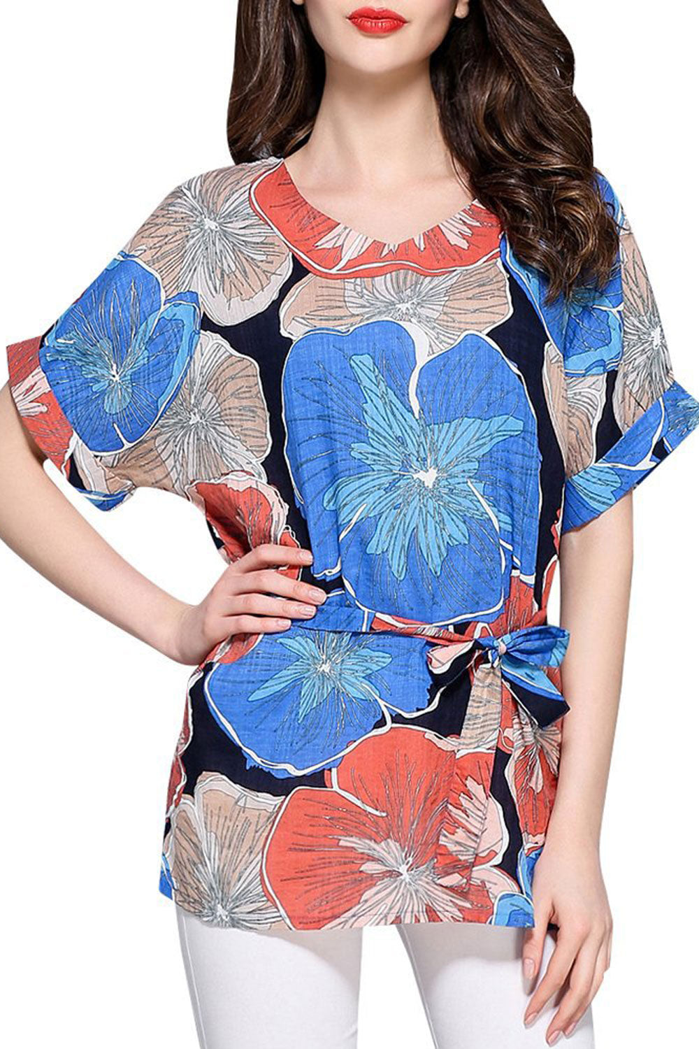 Women Flower Printed Tie Waist Top