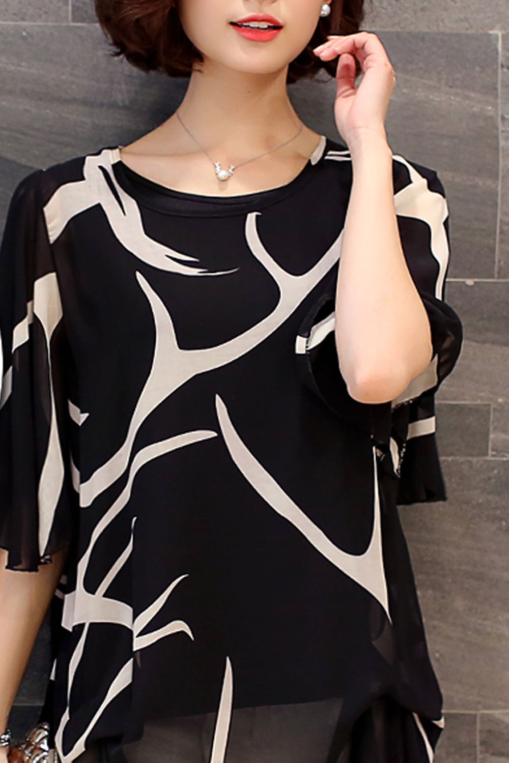 Women Plus Loose Round Neck Chiffon Shirt