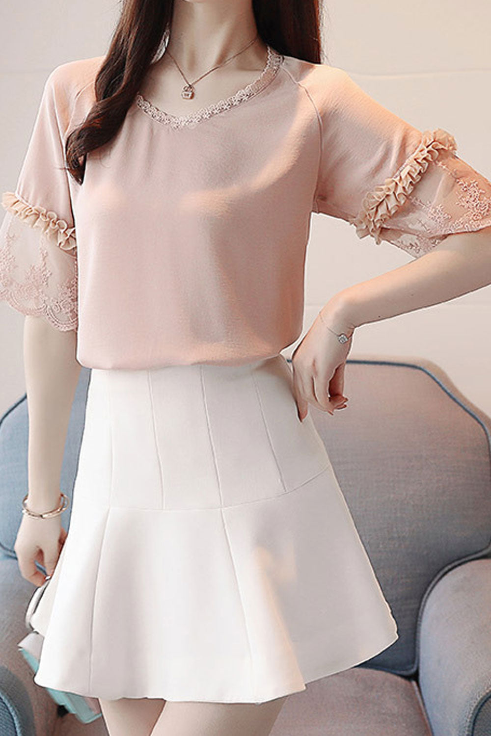 Women Stylish V-Neck Short Sleeve Solid Color Top