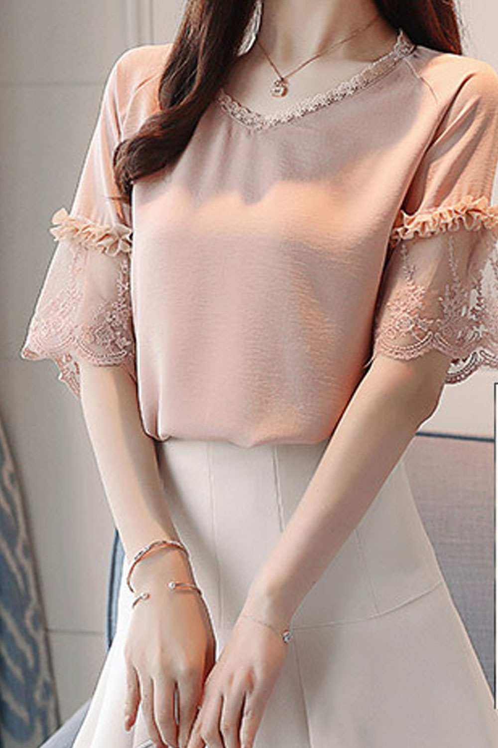 Women Stylish V-Neck Short Sleeve Solid Color Top