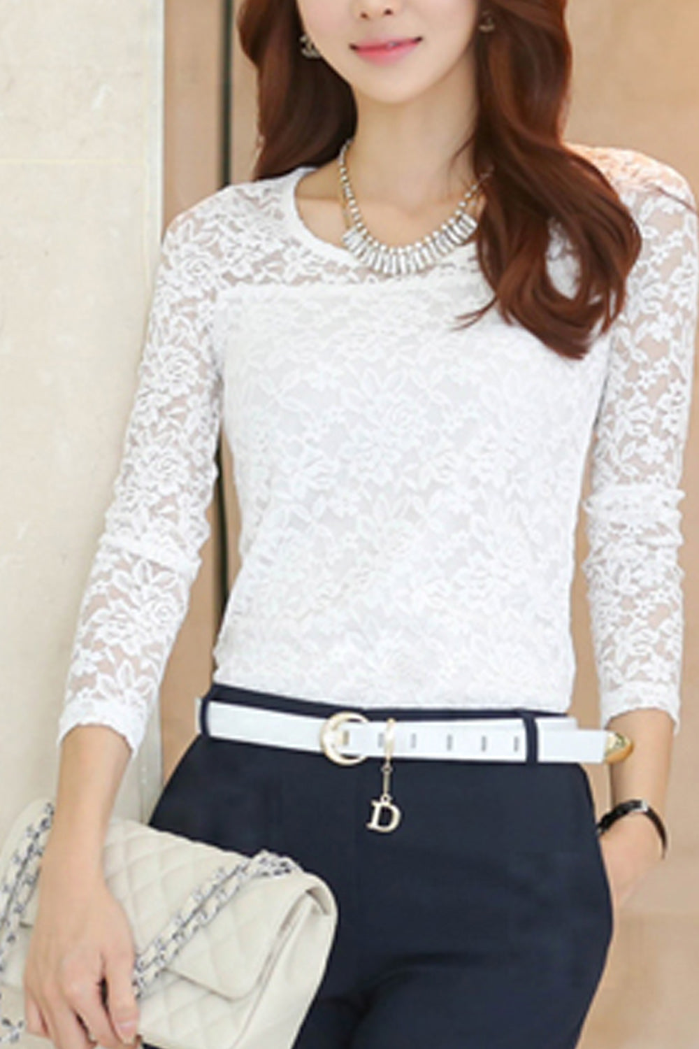 Women Stitching Lace Round Neck T-shirt