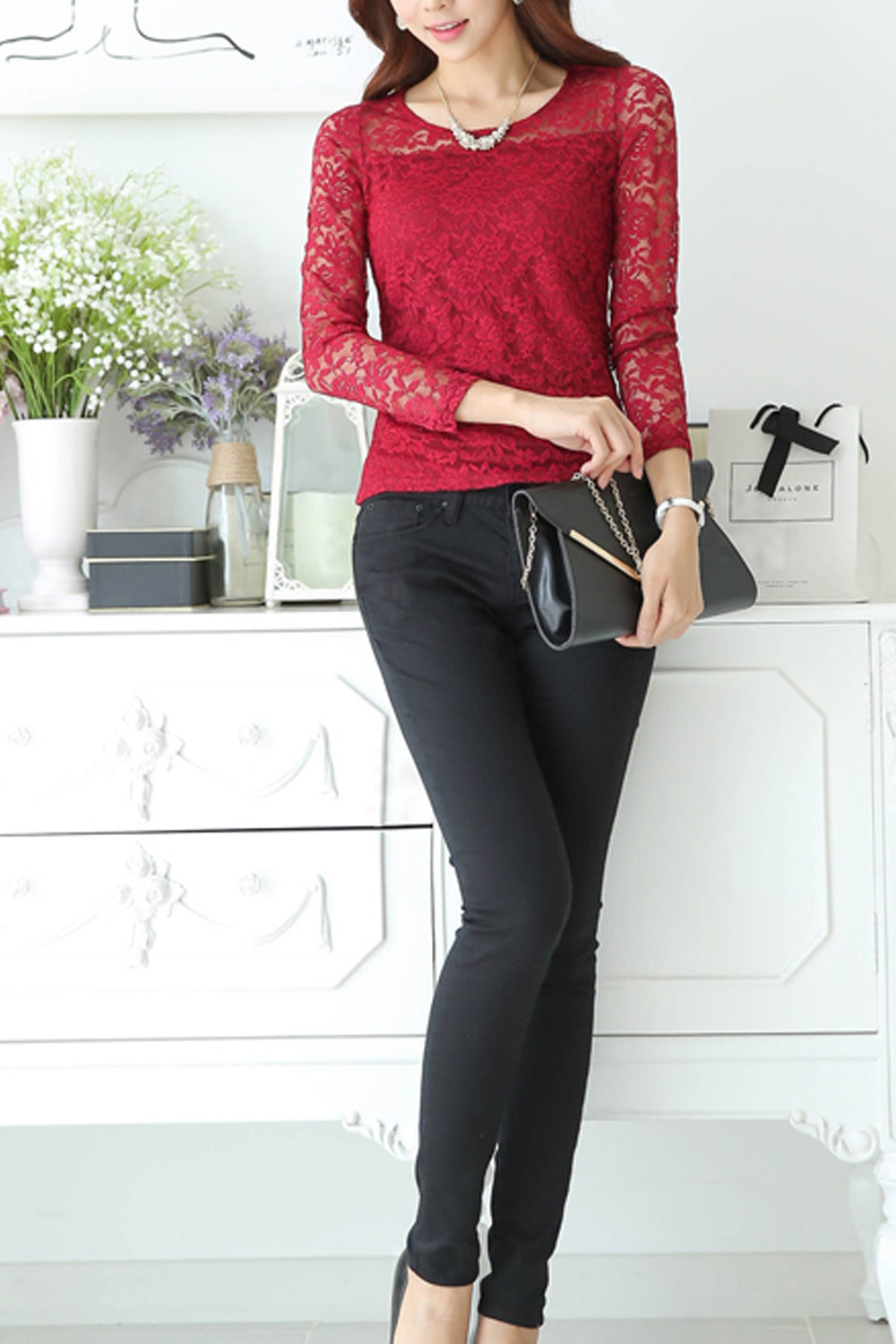 Women Stitching Lace Round Neck T-shirt