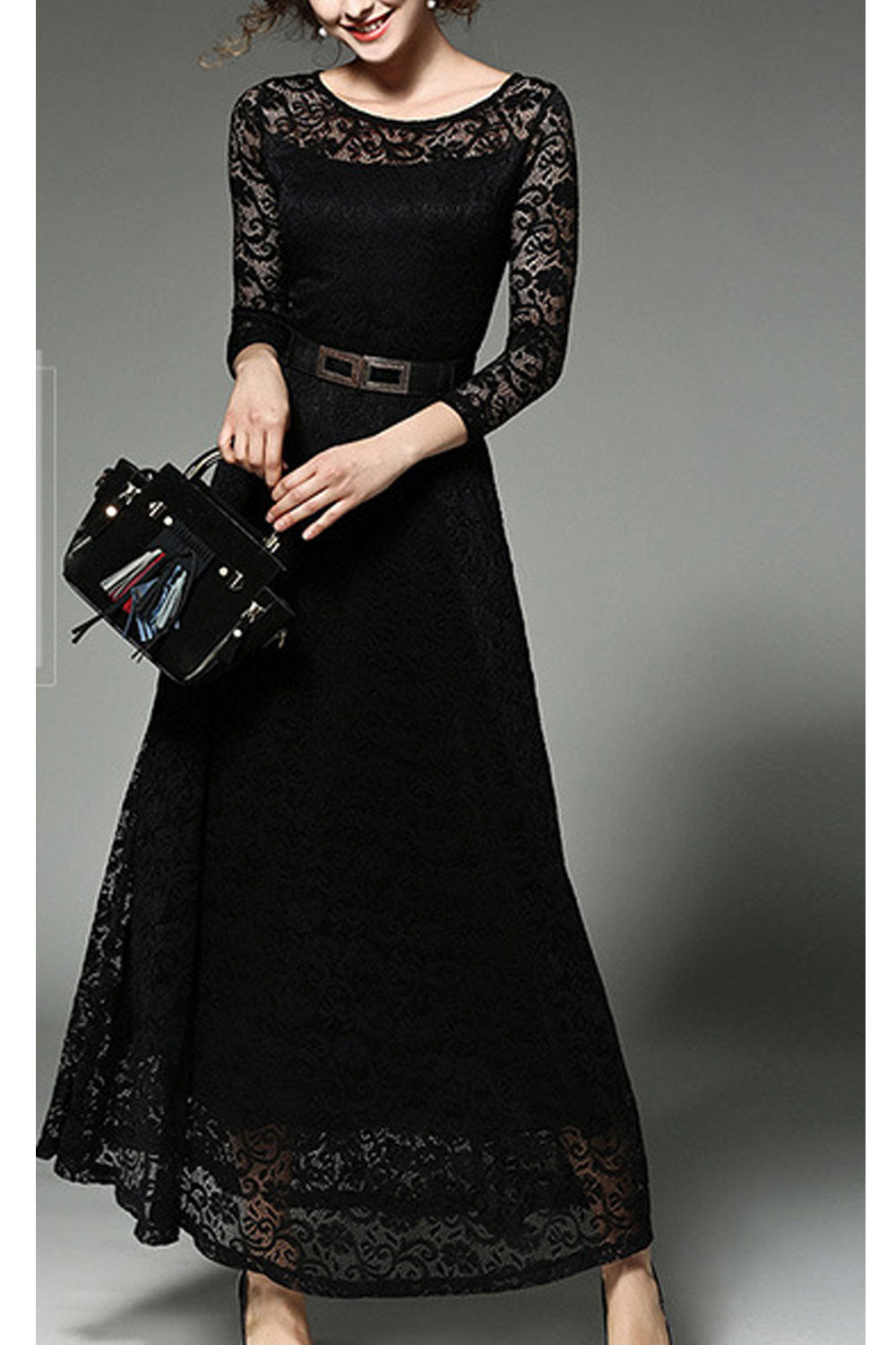 Women Lace 3/4 Sleeve Long Maxi Dress