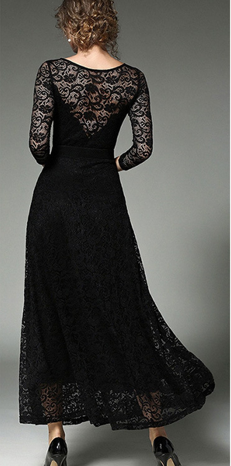 Women Lace 3/4 Sleeve Long Maxi Dress
