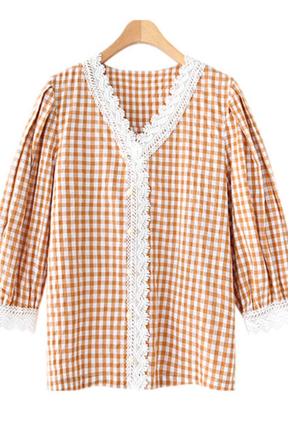 Women V-Neck Board V-Lace Pleated Sleeves Top