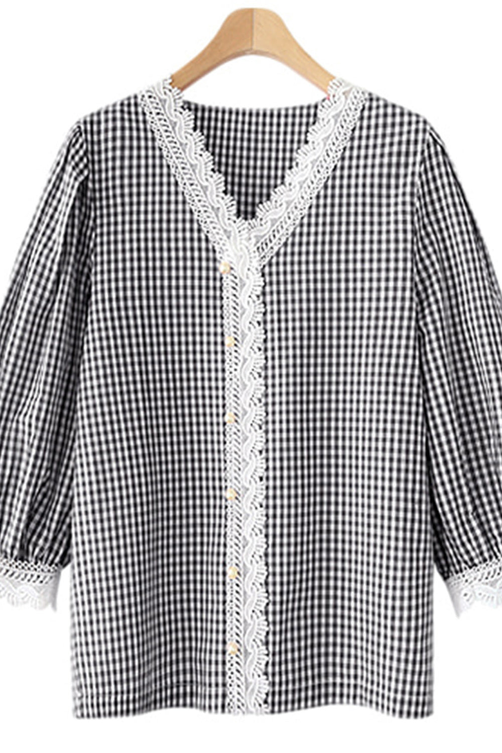 Women V-Neck Board V-Lace Pleated Sleeves Top