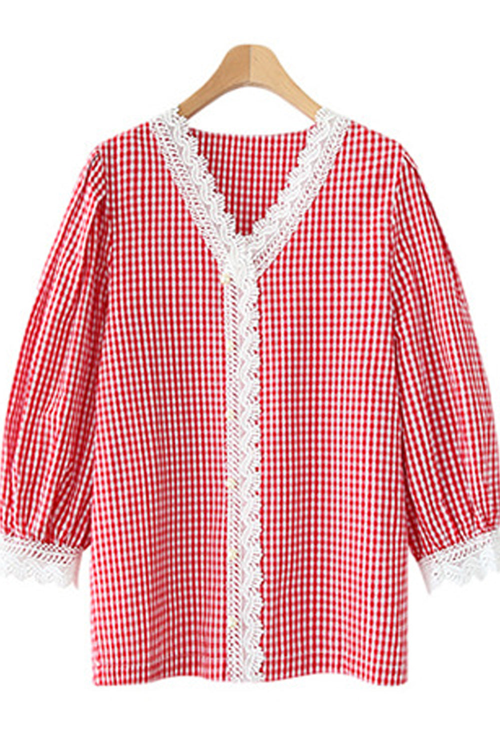 Women V-Neck Board V-Lace Pleated Sleeves Top