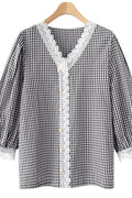 Women V-Neck Board V-Lace Pleated Sleeves Top