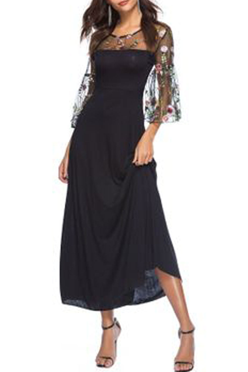 Women Trumpet Sleeve Long Skirt Embroided Dress