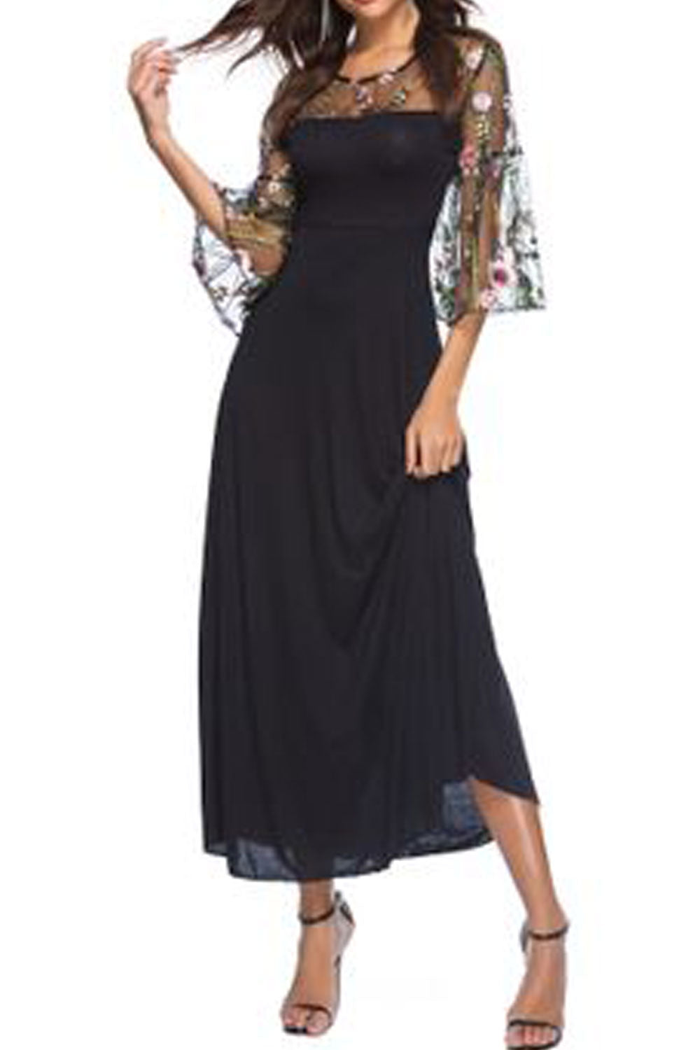 Women Trumpet Sleeve Long Skirt Embroided Dress