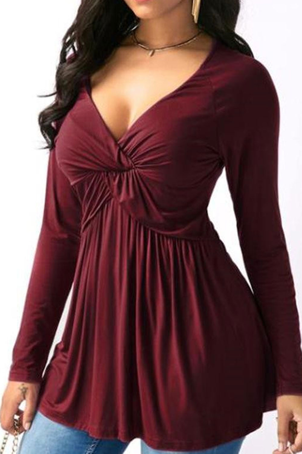 Women Deep Neck Long Sleeve Solid Color Top