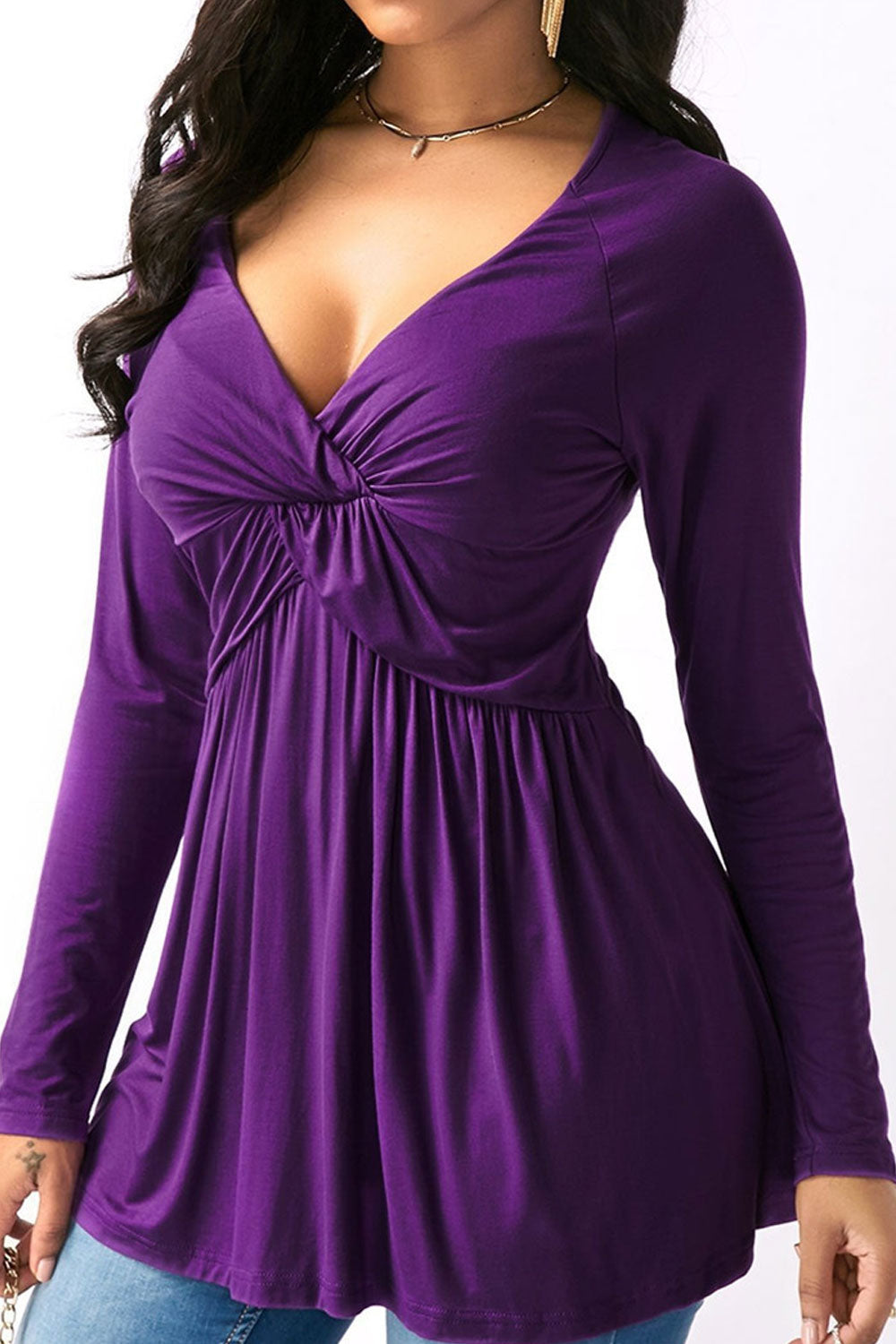 Women Deep Neck Long Sleeve Solid Color Top