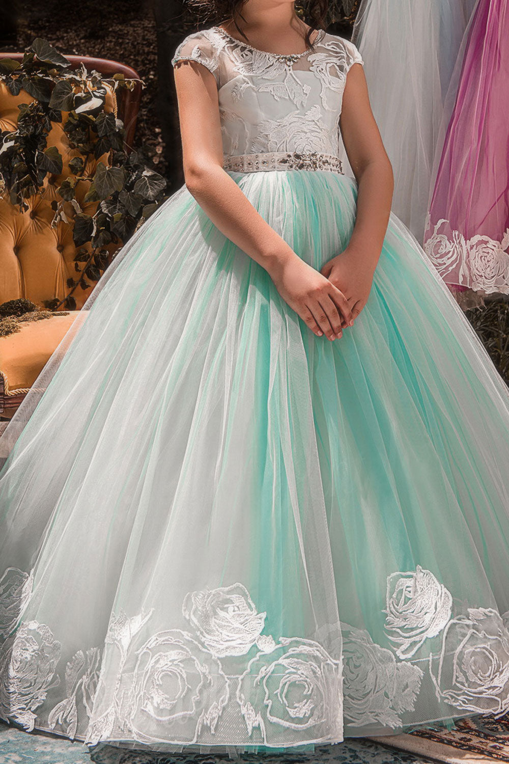 Kids Girls Lovely Solid Colored Easy Round Neck Sleeveless Lace Ball Gown Beautiful Wedding Dress