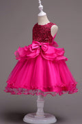 Kids Girls Sequin Bust Bow Waist Sleeveless Wedding Dress