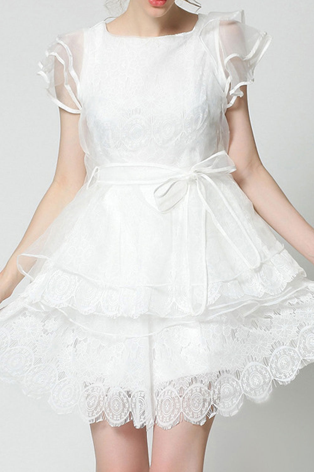Women Ruffle Layered Short Sleeved Thigh High Dress