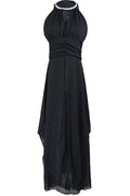 Women Halter Hanging Neck Pleated Bust Long Dress