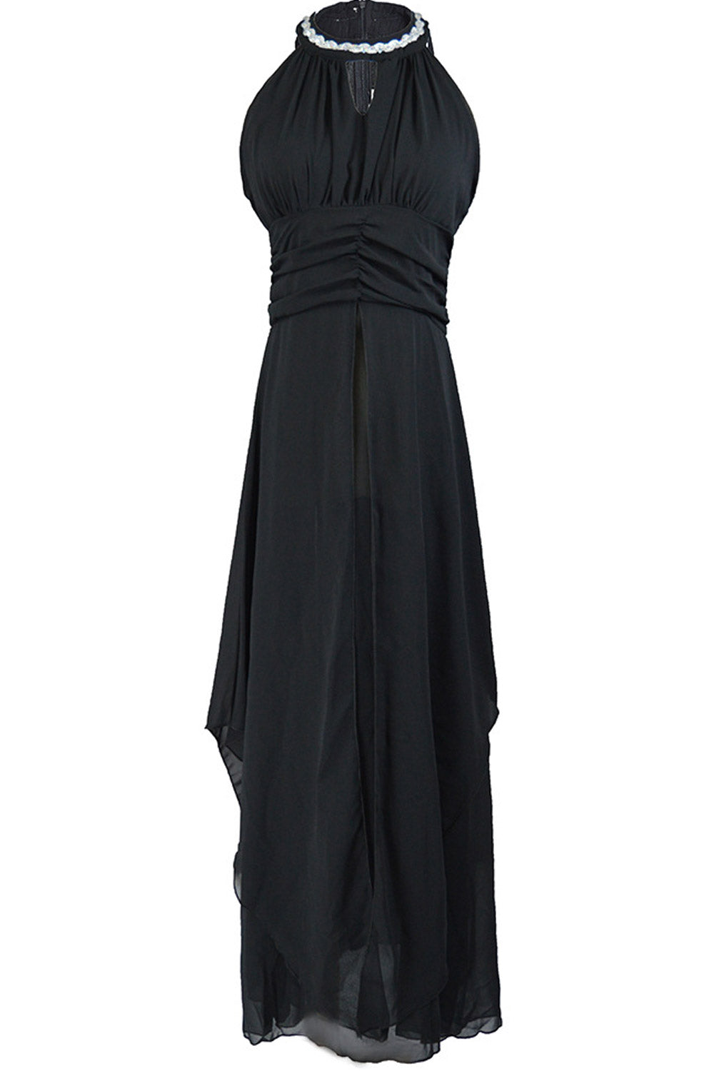 Women Halter Hanging Neck Pleated Bust Long Dress
