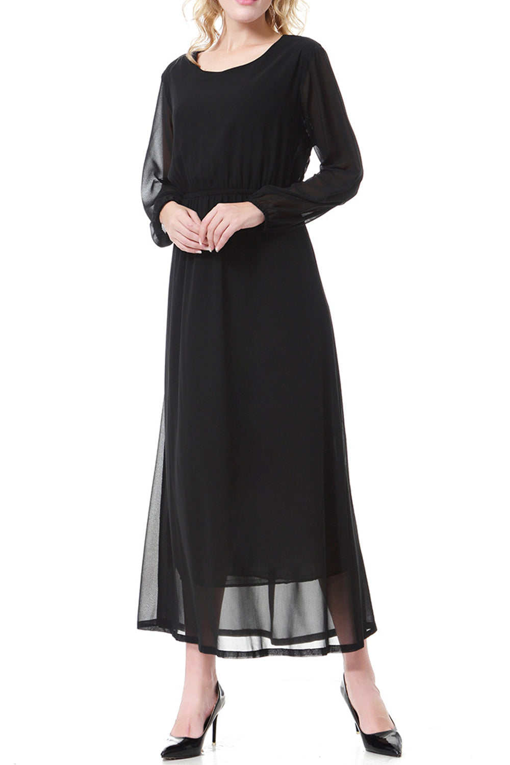 Women Round Neck Long Sleeves Straight Casual Dress