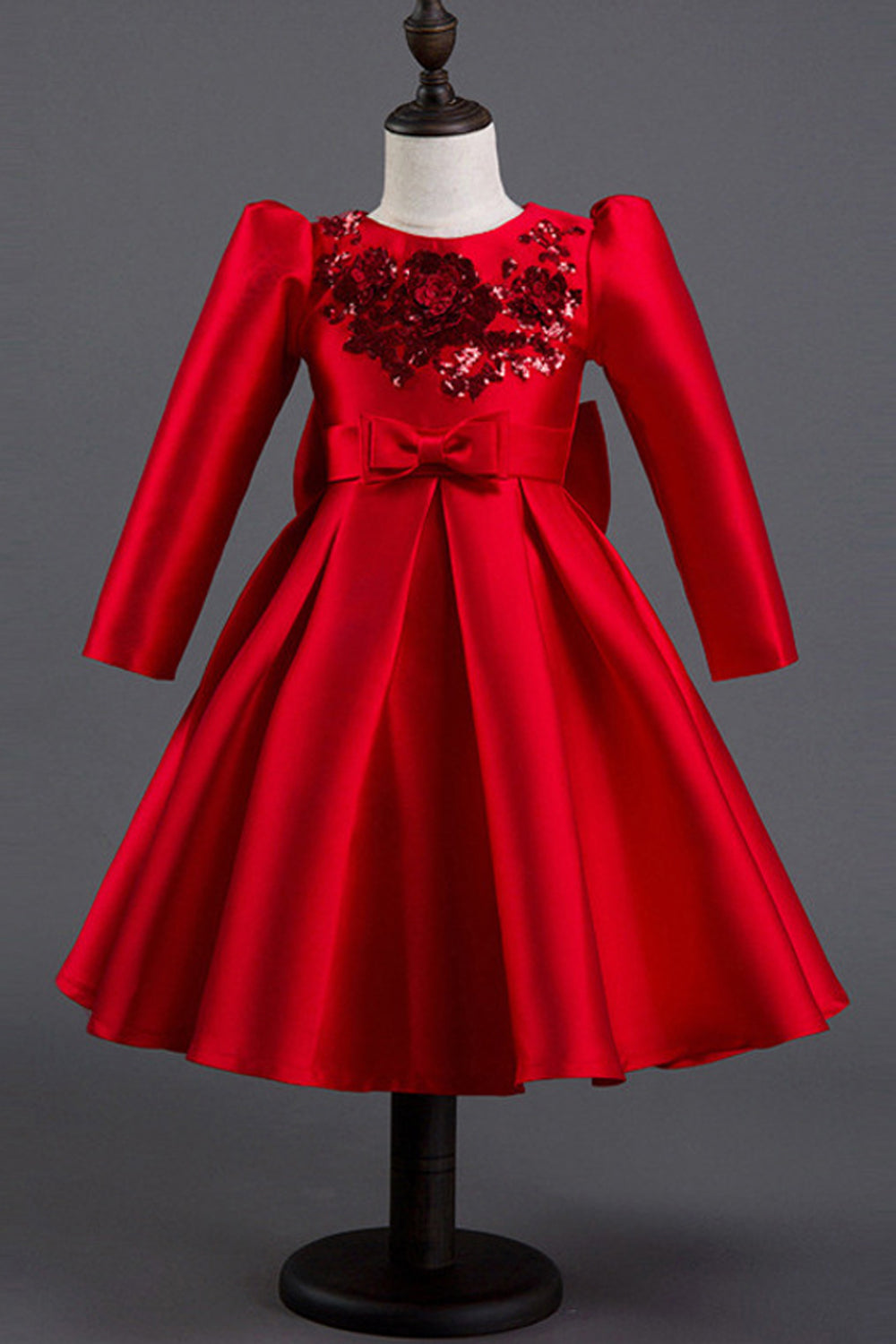 Kids Girls Lace Decorated Stylish Solid Colored Easy Round Neck Long Sleeve Winter Party Dress