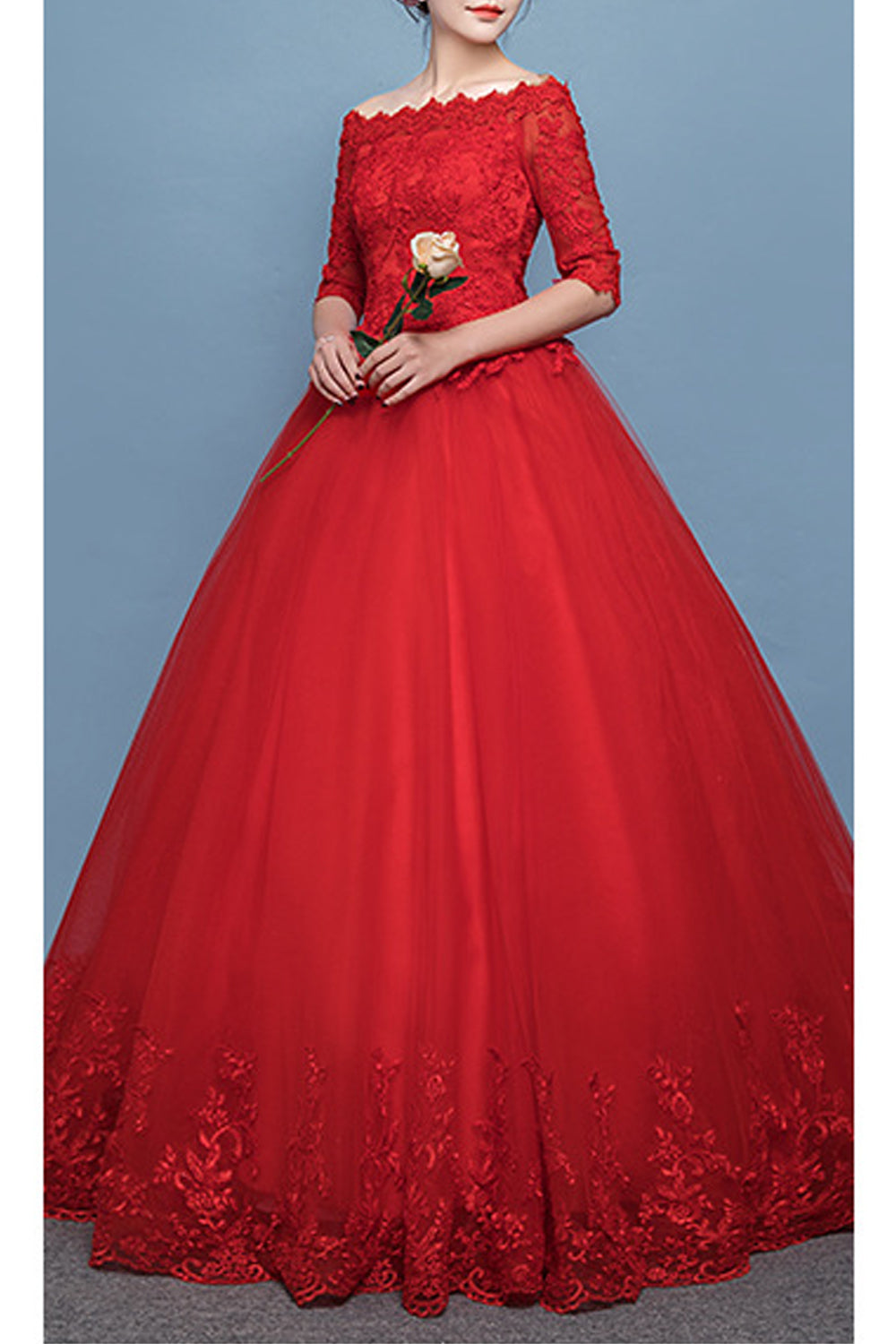 Women Off Shoulder 3/4 Sleeve Wedding Dress