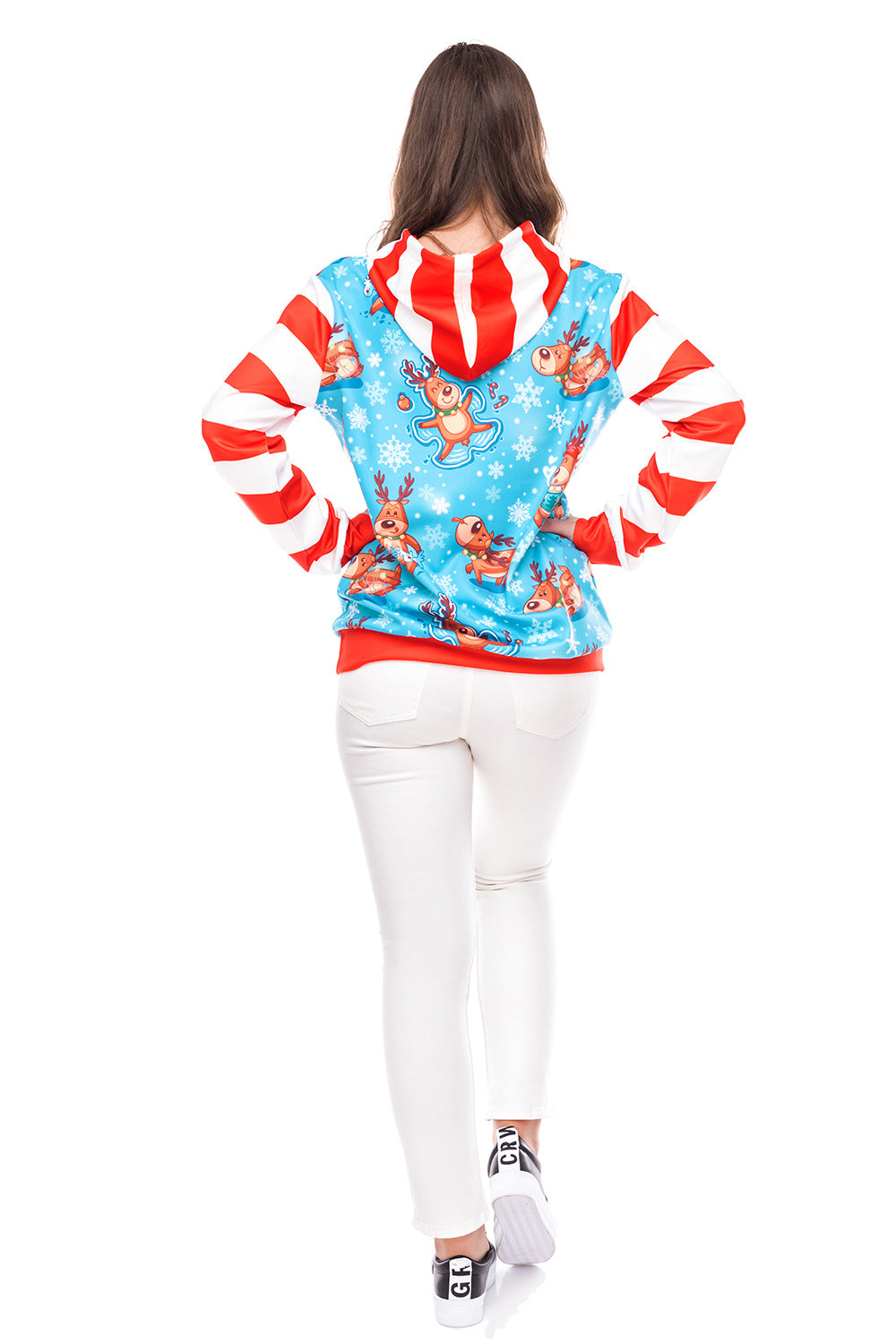 Women Striped Sleeve Printed Christmas Hoodie