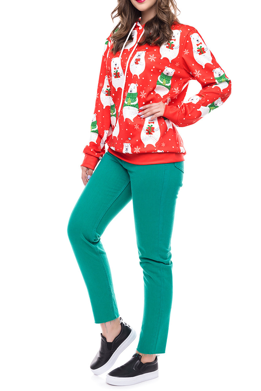 Women Bear Printed Long Sleeve Christmas Hoodie
