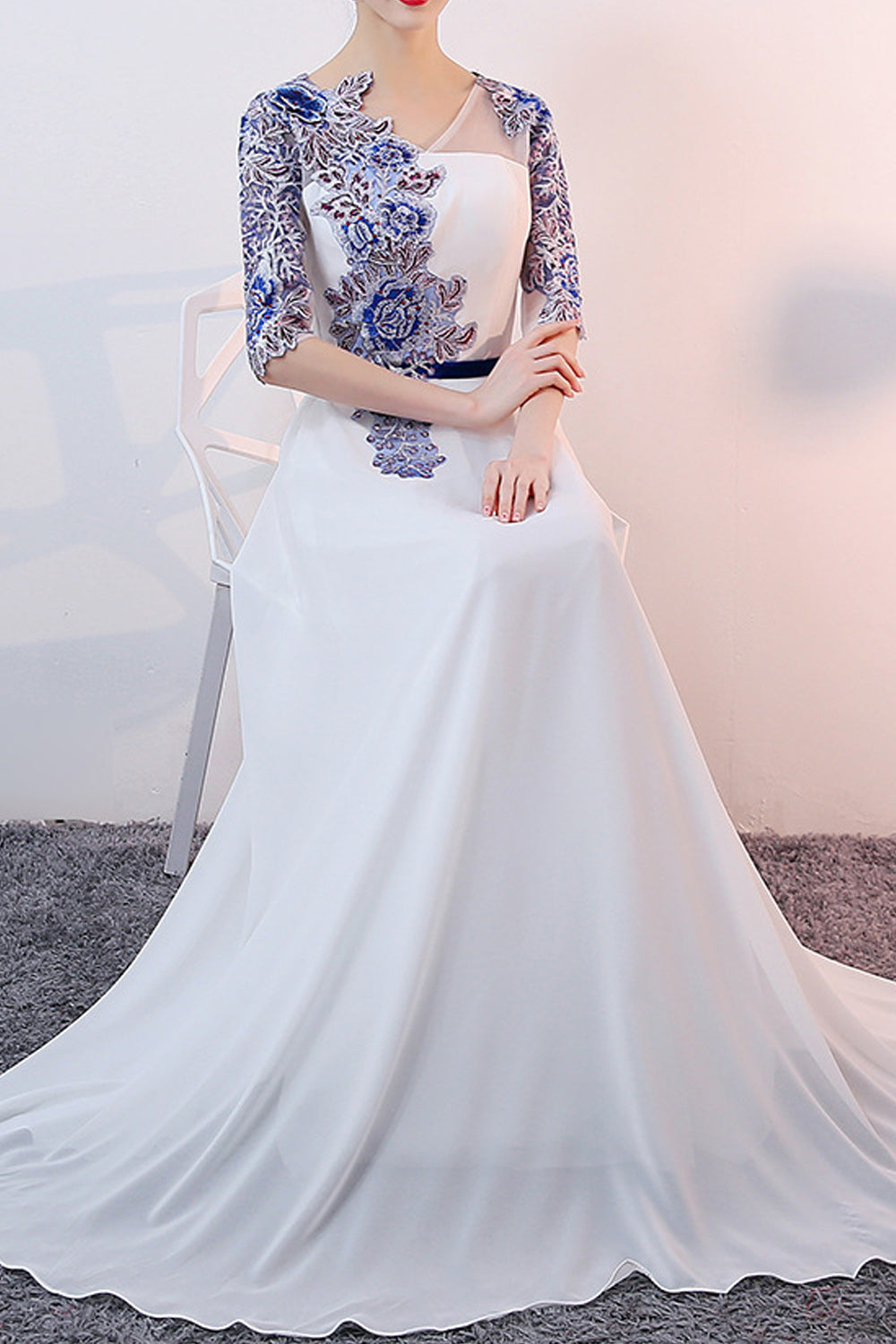 Women V-Neck Flower Lace Wedding Dress