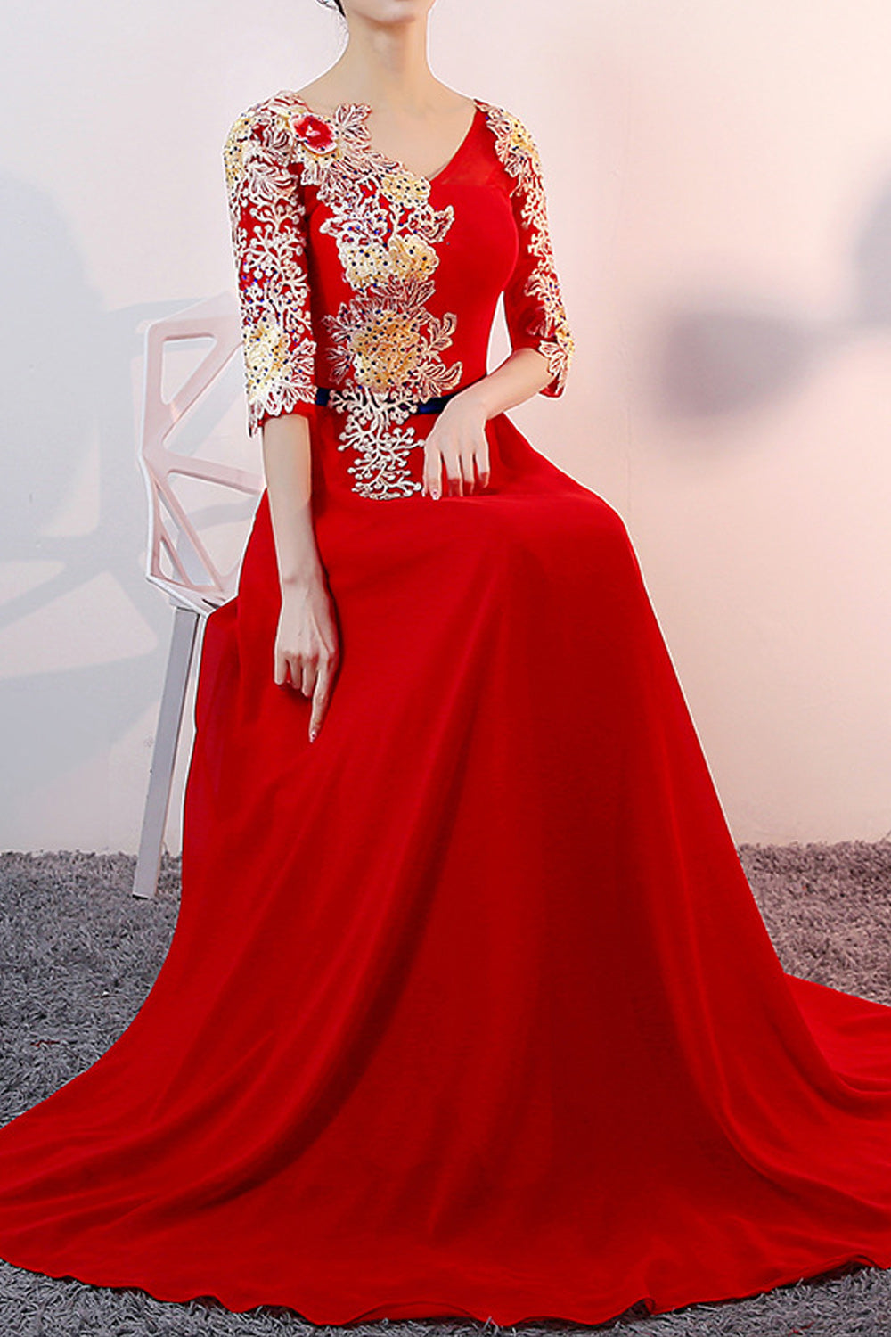 Women V-Neck Flower Lace Wedding Dress