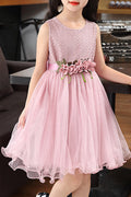 Kids Girls Flower Waist Pleated Party Dress