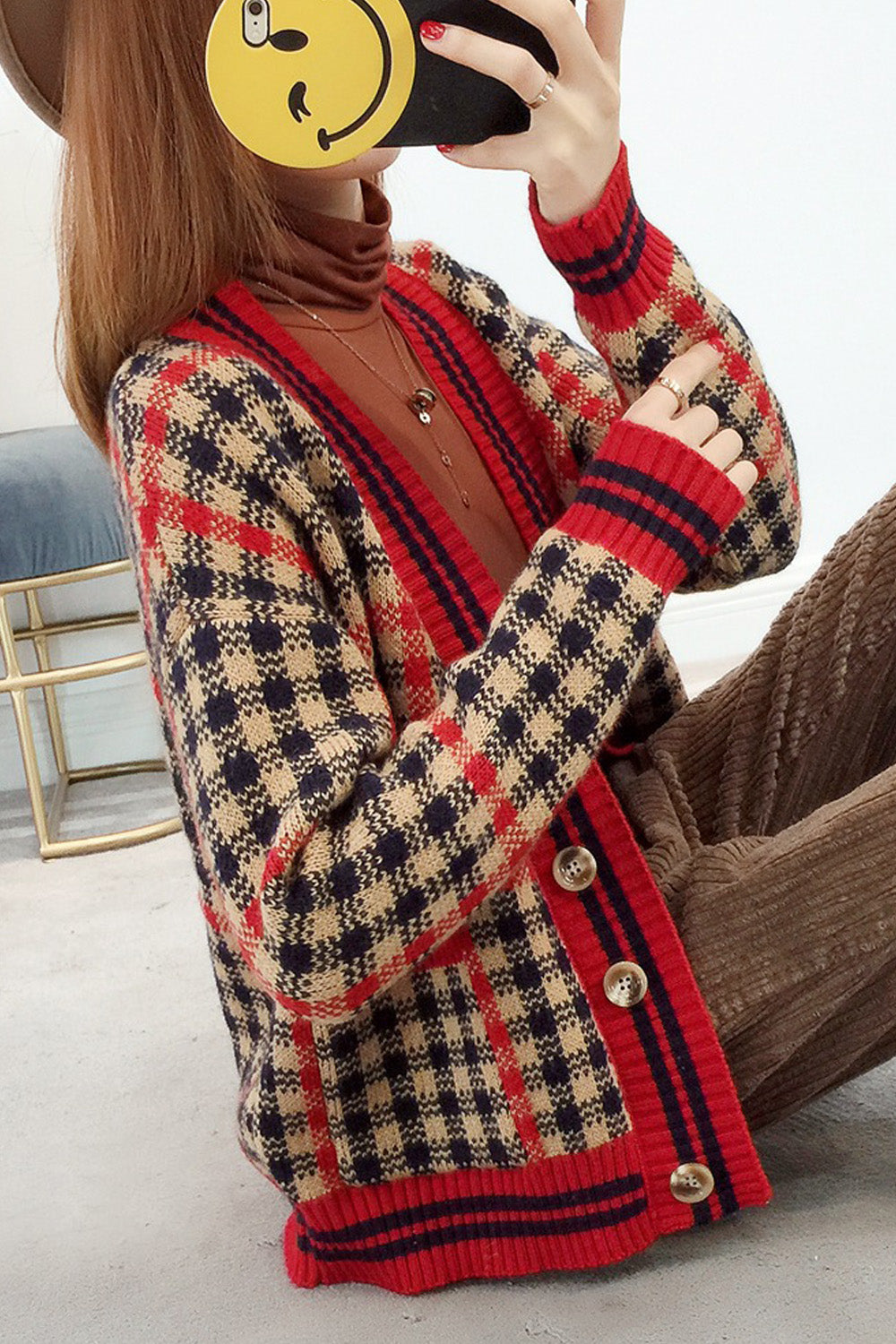 Women Small Plaid Warm Fashion Cardigan