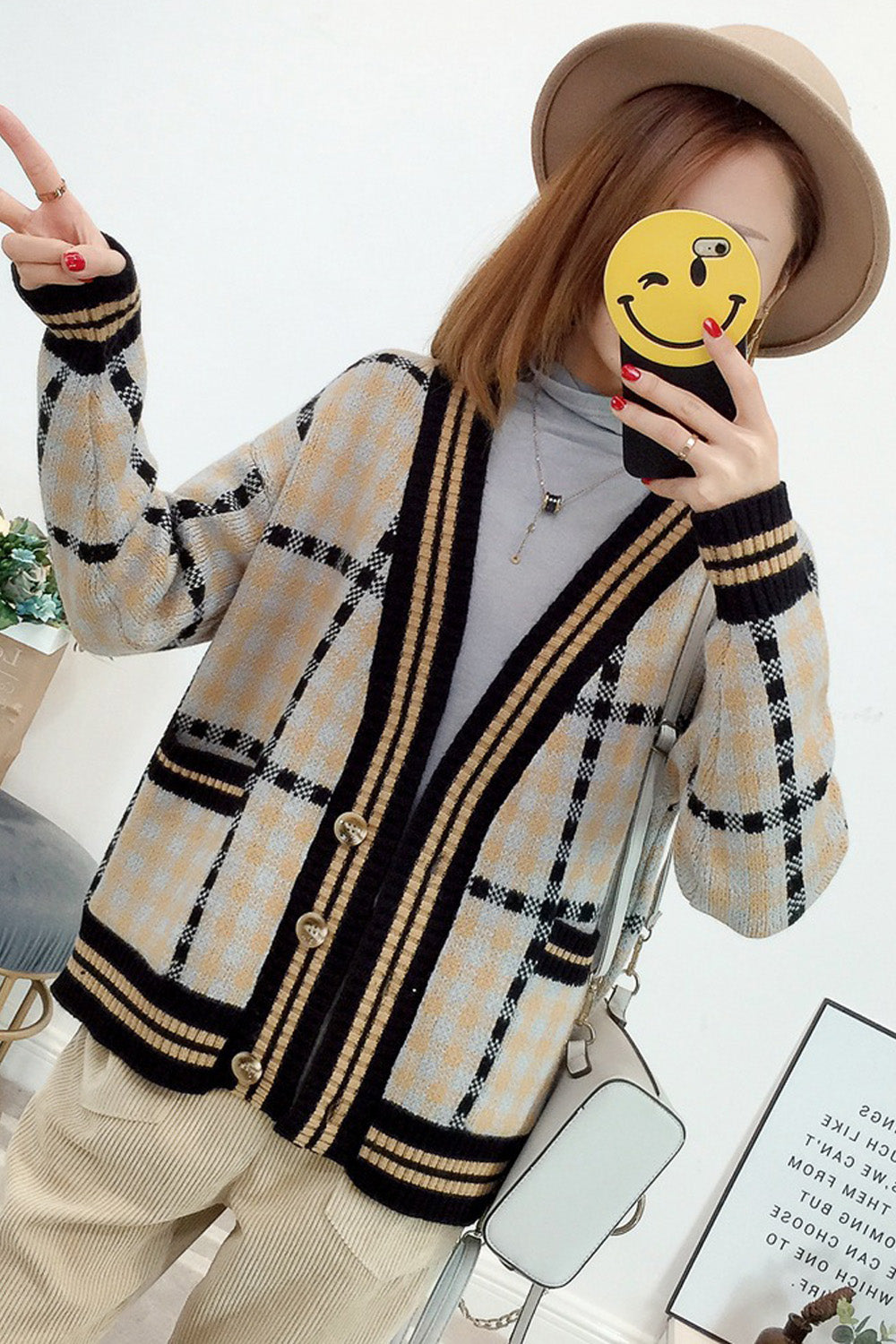 Women Small Plaid Warm Fashion Cardigan