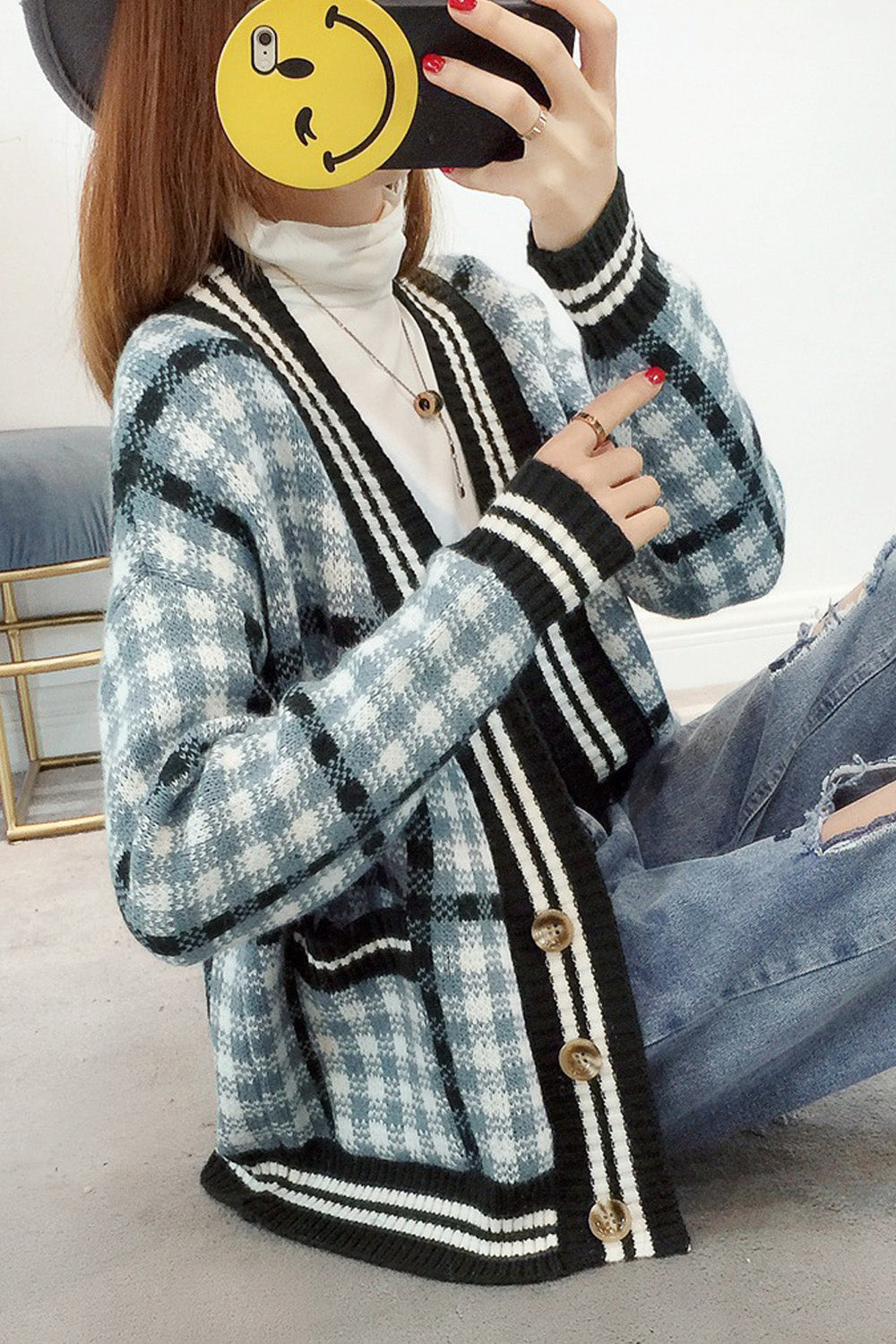 Women Small Plaid Warm Fashion Cardigan